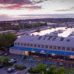 Aerial view of the Chinook's at Salmon Bay during a beautiful and stunning sunset.