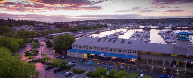 Aerial view of the Chinook's at Salmon Bay during a beautiful and stunning sunset.